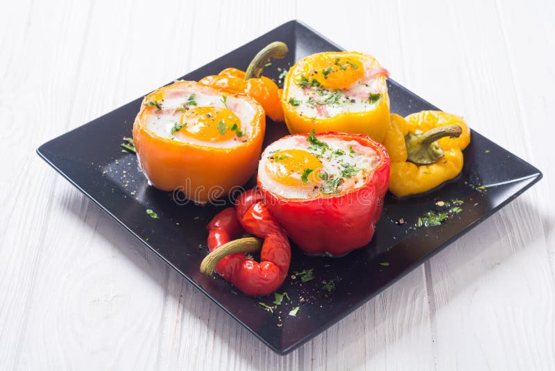 Baked Pepper Stuffed with Bacon and Eggs Stock Image Image of food