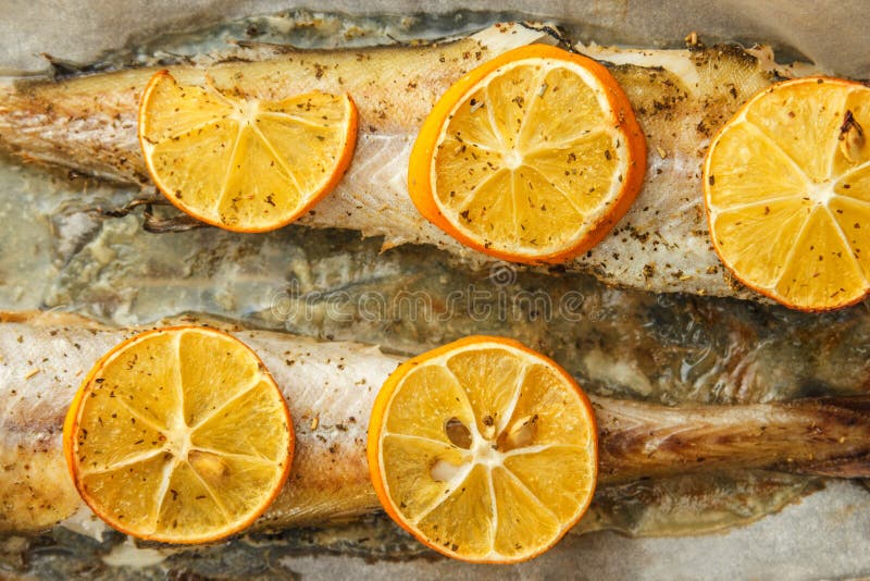 Baked Pollock Fish with Spices and Lemon Stock Photo Image of tasty