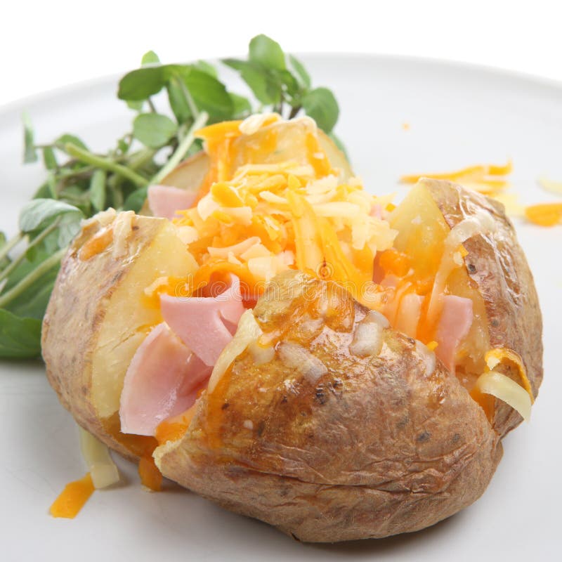 Baked Potato with Ham and Cheese Stock Image - Image of food, plate