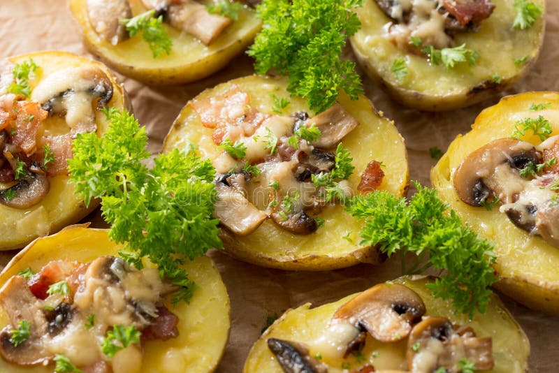 Baked Potato with Mushrooms and Bacon with Cheese. Stock Photo Image