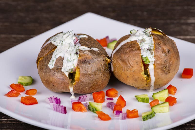 Baked Potato with Vegetables and Sour Cream. Stock Image Image of