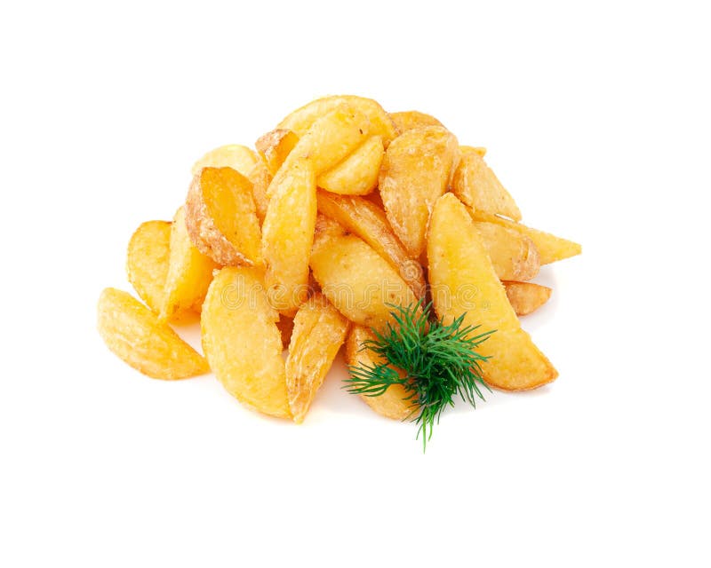 Baked potato wedges with spices and dill. Close-up. White background. Isolated royalty free stock photo Baked potato wedges with spices and dill. Close-up. White background. Isolated royalty free stock photo