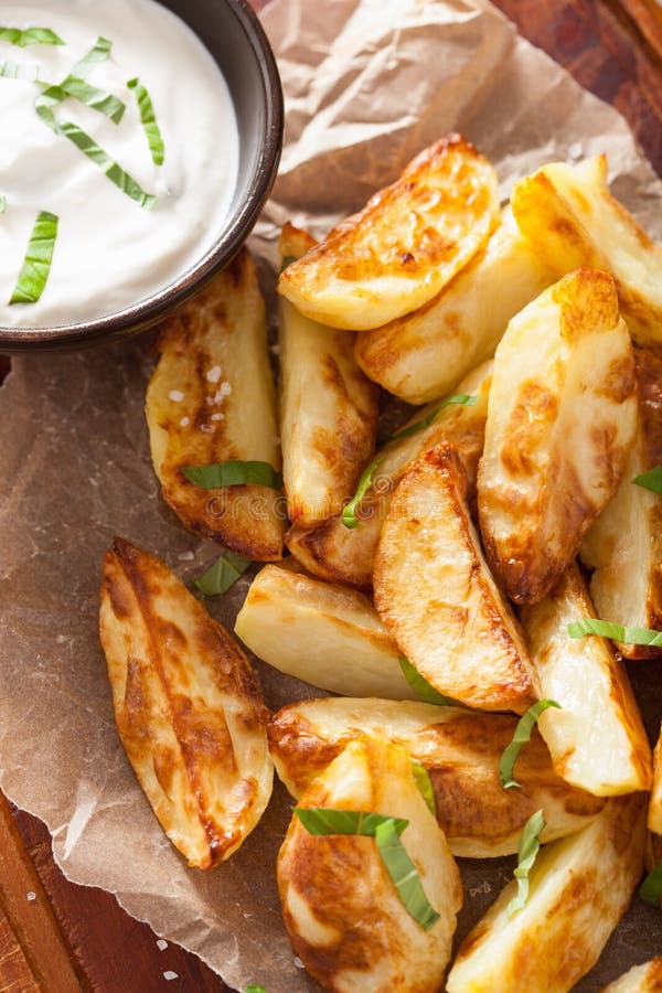 Baked Potato Wedges with Yogurt Dip Stock Photo Image of closeup