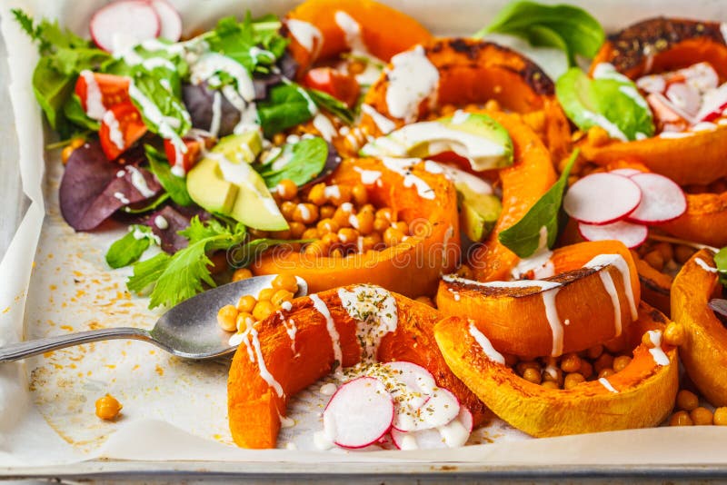 Baked Pumpkin with Chickpeas on a Baking Sheet Stock Photo Image of healthy, nutrition 134521650