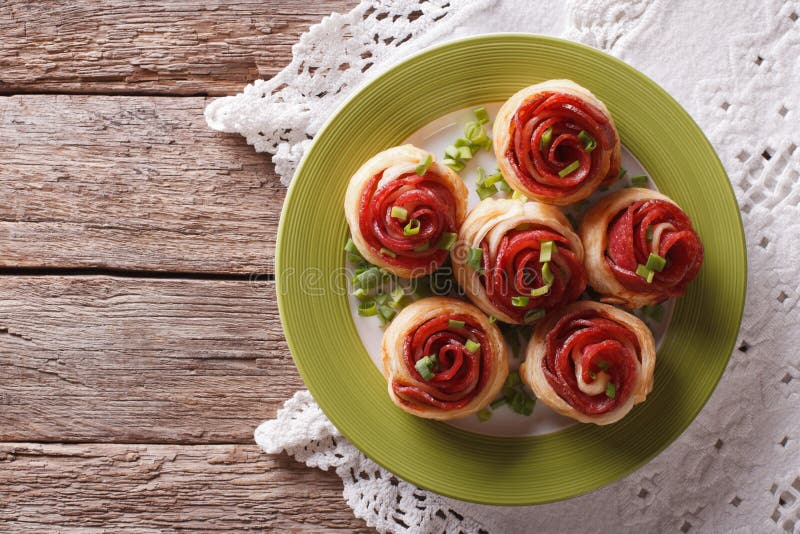 Baked Rolls with Salami in the Form of Roses. Horizontal Top Vie Stock