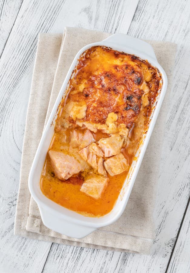 Baked Salmon with Cheese Sauce Stock Image - Image of flat, fried