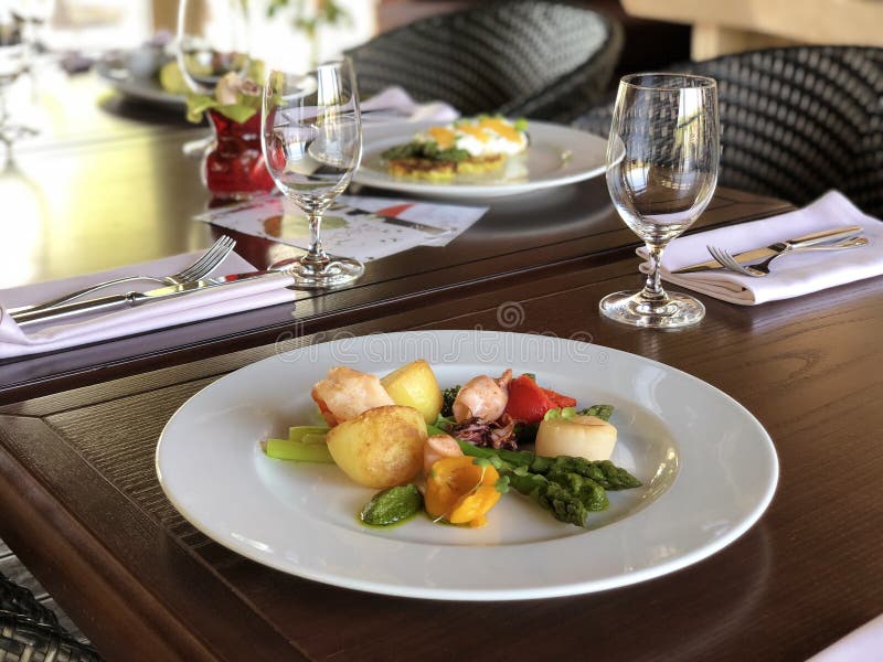 Baked Scallops and Asparagus in a Restaurant Stock Image Image of