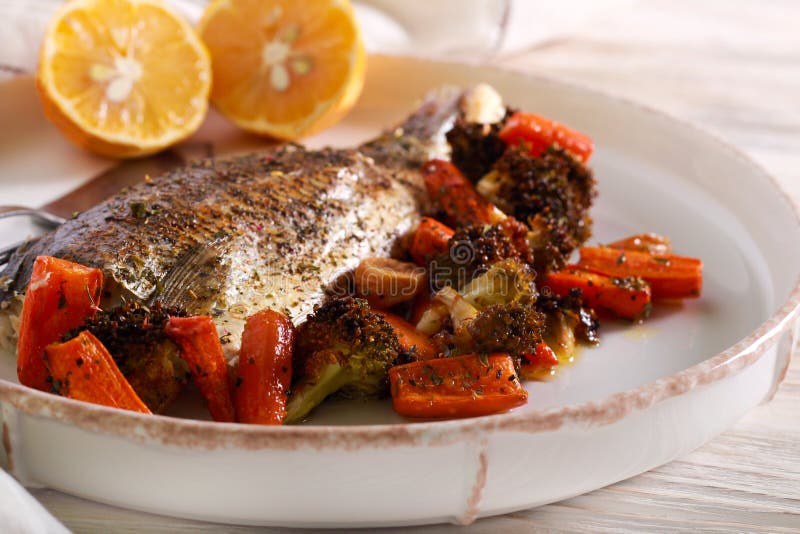 Baked Sea Bass with Vegetables Stock Photo Image of vegetables, snack