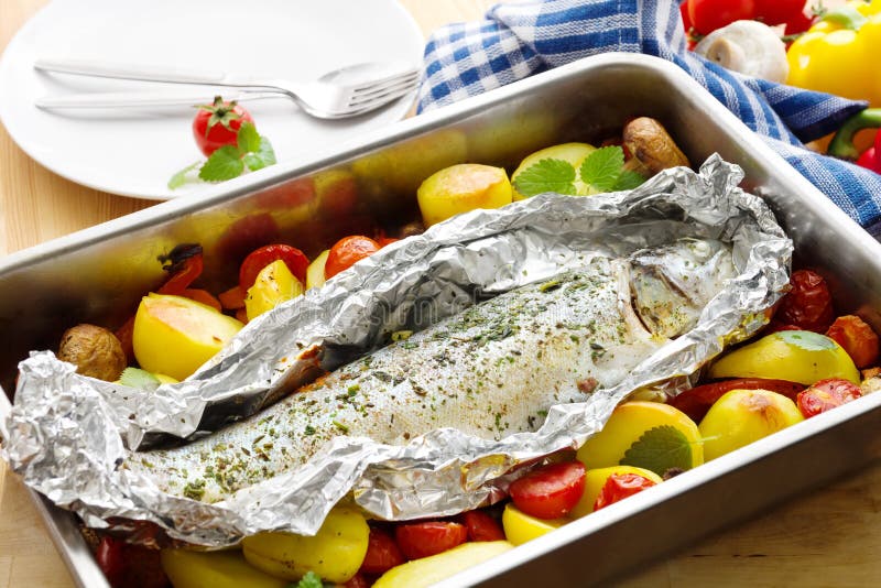 Baked Trout with Stewed Vegetables Stock Photo Image of