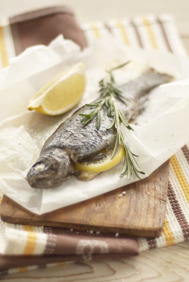 Baked Trout in Parchment with Lemon and Rosemary Stock Photo Image of
