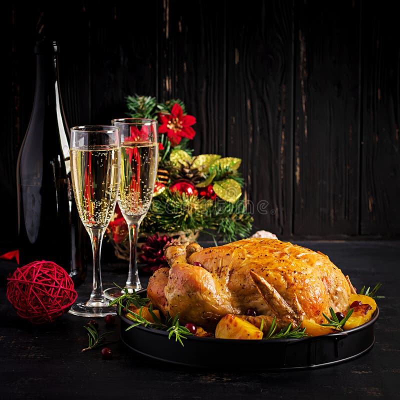 Baked Turkey or Chicken. the Christmas Table is Served with a Turkey