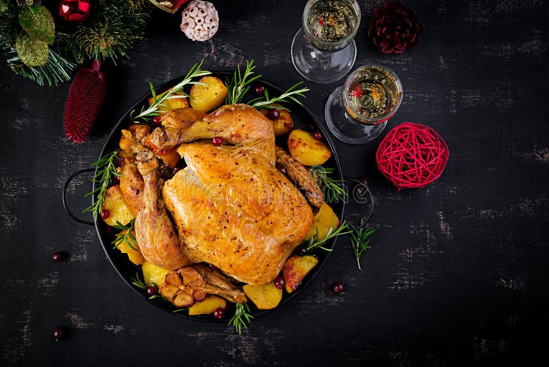 Baked Turkey or Chicken. the Christmas Table is Served with a Turkey