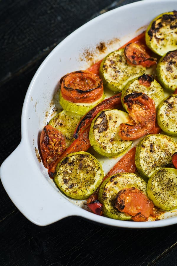 Baked Vegetables in Baking Dish, Zucchini, Bell Pepper and Zucchini