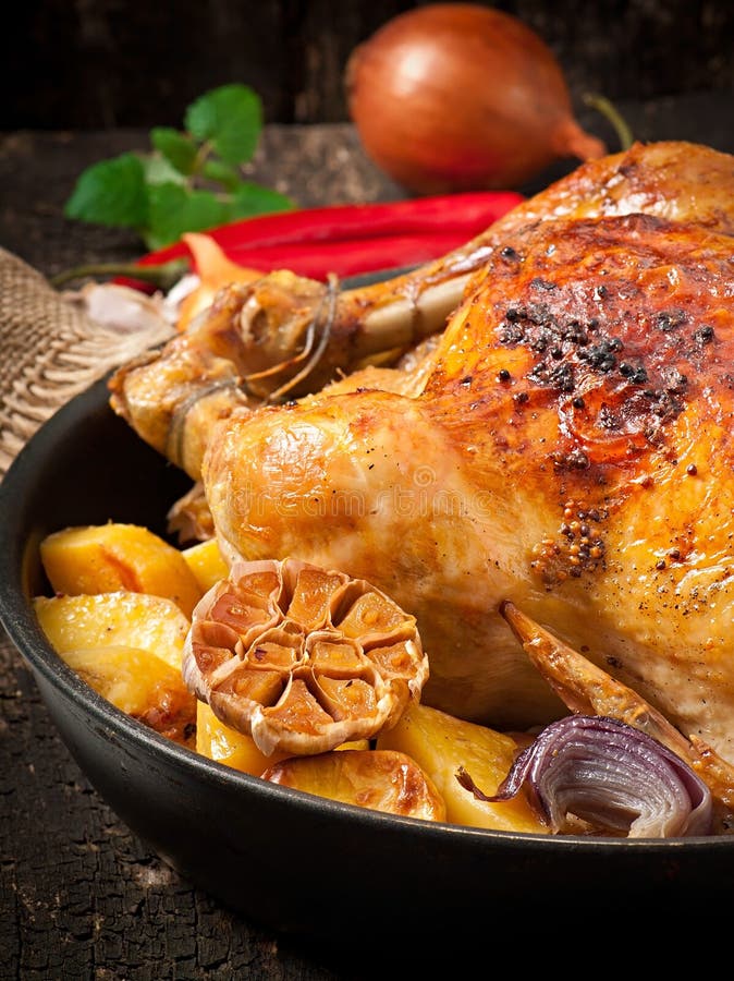 Baked Whole Chicken With Potatoes Stock Photo Image of holiday