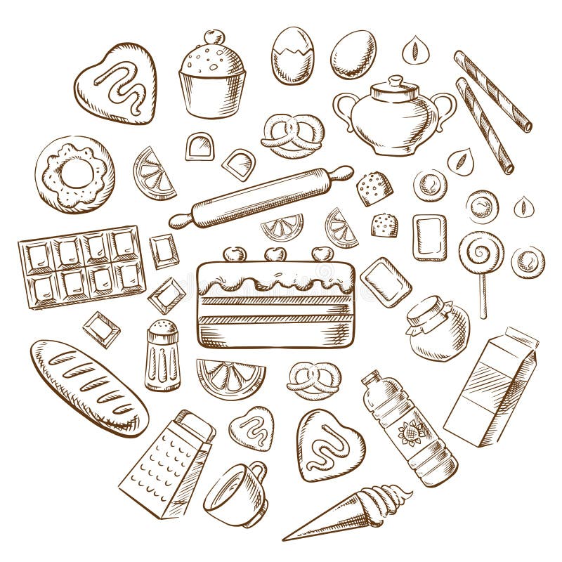 Bakelse, efterrätten och bagerit skissar symboler royaltyfri illustrationer Bakelse, efterrätten och bagerit skissar symboler royaltyfri illustrationer