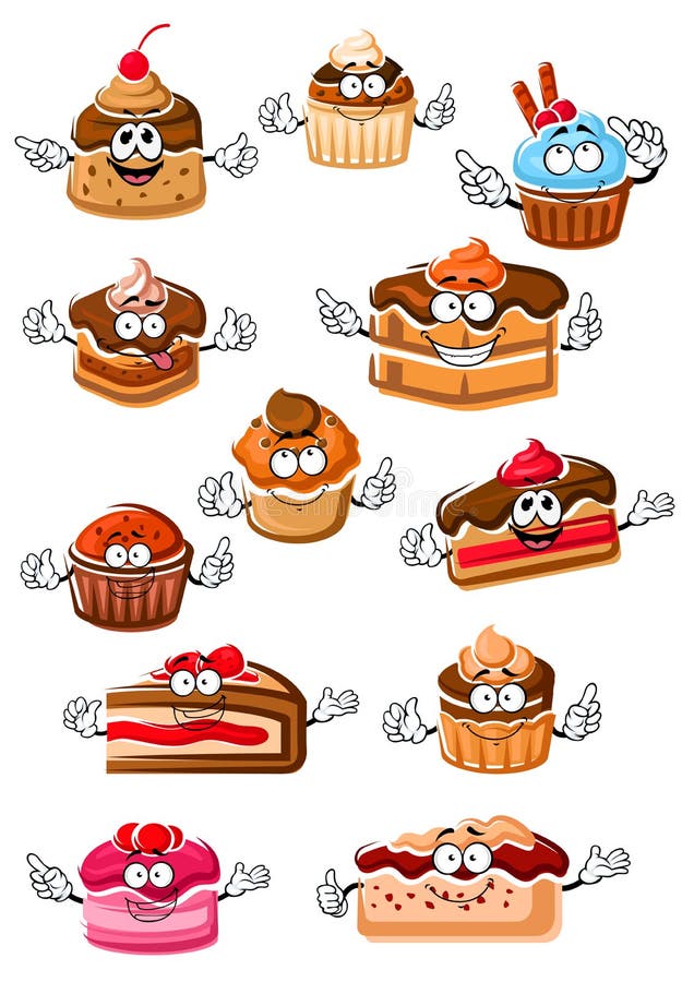 Cartoon delicious cupcakes, chocolate cakes, berry pies, fruity dessert, cheesecake and pudding with whipped cream, fresh fruits and chocolate glaze. Happy sweet pastry or bakery shop and menu usage. Cartoon delicious cupcakes, chocolate cakes, berry pies, fruity dessert, cheesecake and pudding with whipped cream, fresh fruits and chocolate glaze. Happy sweet pastry or bakery shop and menu usage