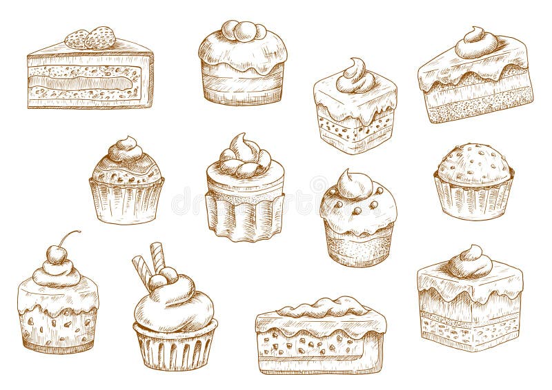 Sketches of scrumptious cupcakes and muffins in thin paper cups, berry pie and chocolate tiered cake, decorated by butter cream, whipped cream, fresh strawberries and cherries, chocolate drops and wafer tubes. Pastry and bakery shop objects. Sketches of scrumptious cupcakes and muffins in thin paper cups, berry pie and chocolate tiered cake, decorated by butter cream, whipped cream, fresh strawberries and cherries, chocolate drops and wafer tubes. Pastry and bakery shop objects