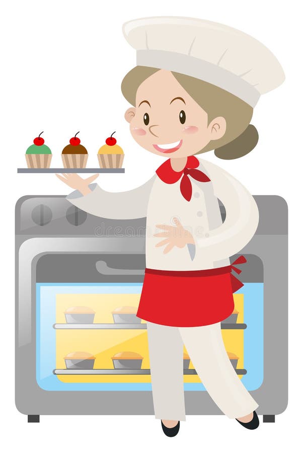 Baker Baking Cupcakes in Oven Stock Vector Illustration of work
