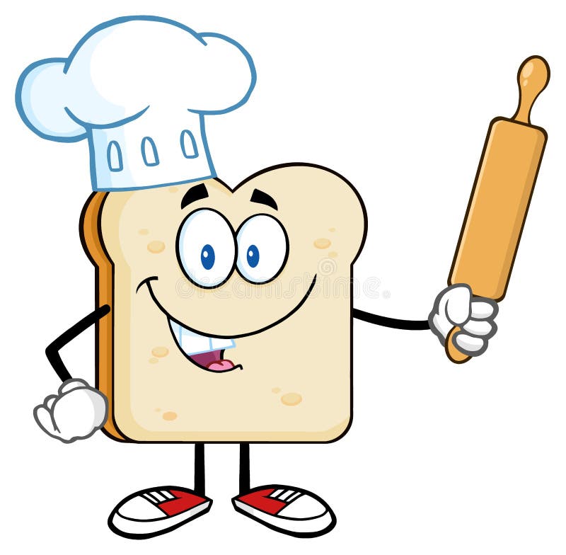 Baker Bread Slice Cartoon Character With Chef Hat Holding A Rolling Pin