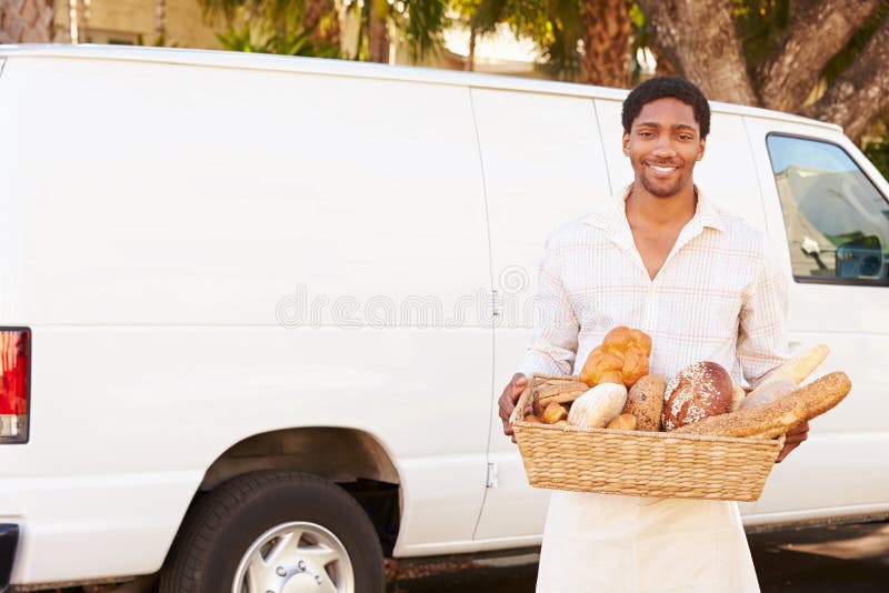 Baker Delivering Bread Standing in Front of Van Stock Photo Image of
