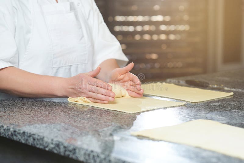 Baker Makes Some Rolls from Raw Dough and Filling Stock Image - Image ...