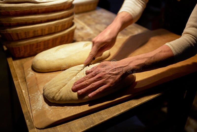 Baker Making Bread,cutting A Dough Stock Image Image of culinary