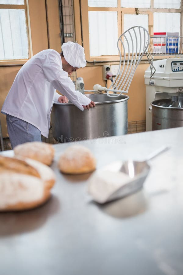 Baker Preparing Dough in Industrial Mixer Stock Photo Image of adult