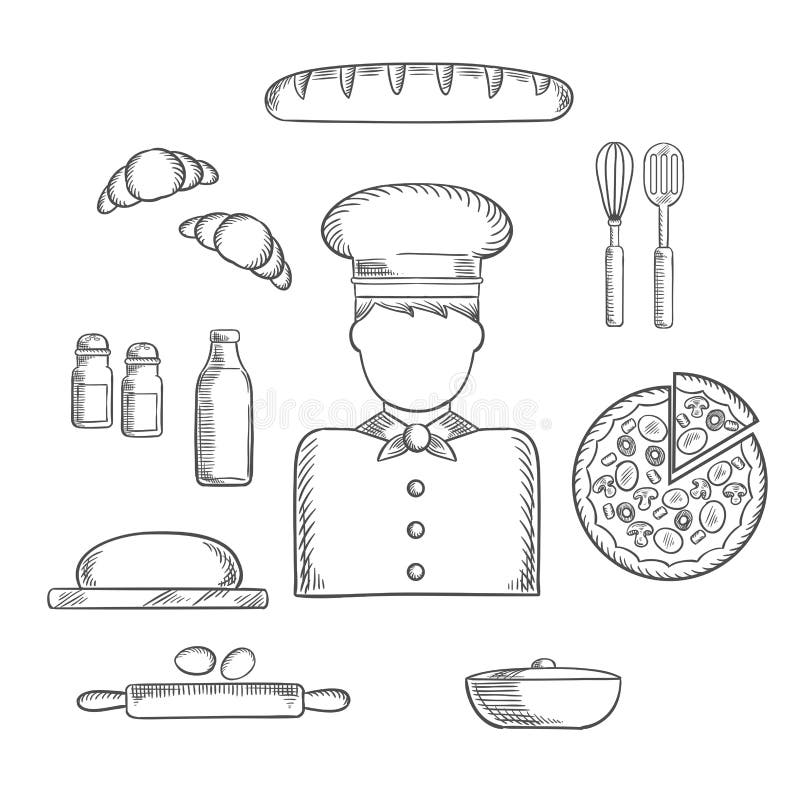 Baker profession and ingredients sketches royalty free illustration Baker profession and ingredients sketches royalty free illustration