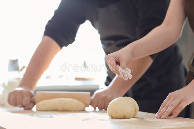 Bakers Preparing Dough on Kitchen Table Stock Photo Image of making