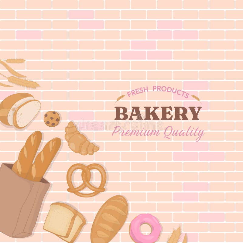 Bakery Background with Bread and Pastry on Brick Wall Stock