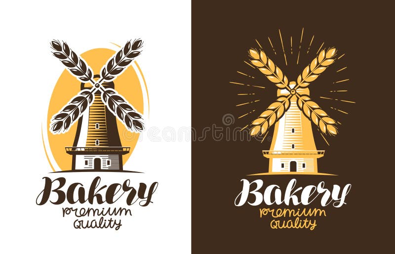 Bakery, bread logo or label. Farm, agriculture, windmill, mill icon. Vintage vector illustration vector illustration
