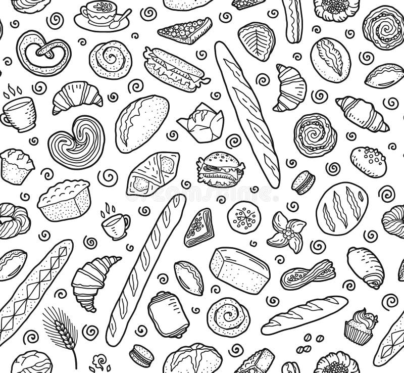 Bakery breads, baguettes and pastry vector seamless pattern