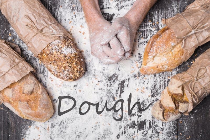 Bakery concept background. Hands and sorts of bread loaf