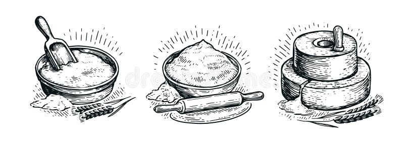 Bakery concept in vintage engraving style. Wheat flour, bread, millstone, dough sketch vector illustration