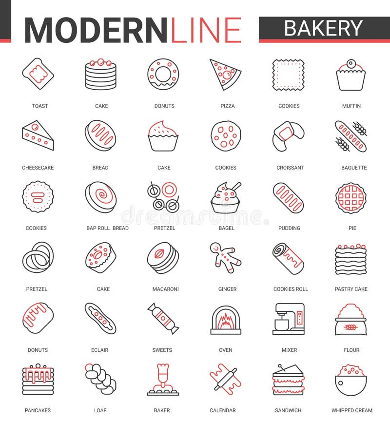 Bakery flat thin red black line icon vector illustration set, sweet food dessert outline pictogram collection with baker