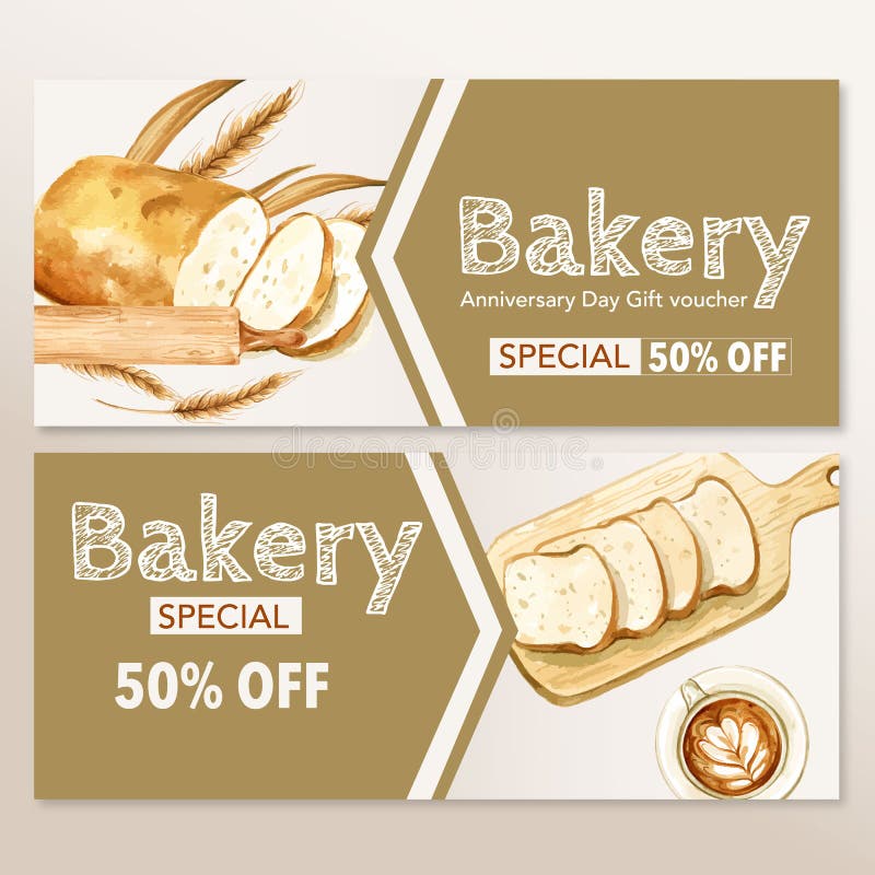 Bakery Gift Voucher Template. Bread and Bun Collection Stock