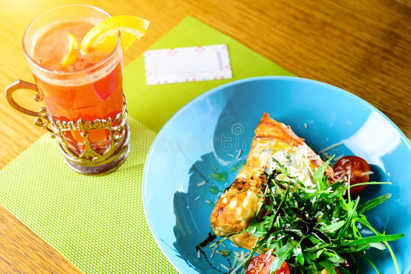 Bakery Good and Tomatoes on a Plate, Hot Tea with Lemon and Card Stock