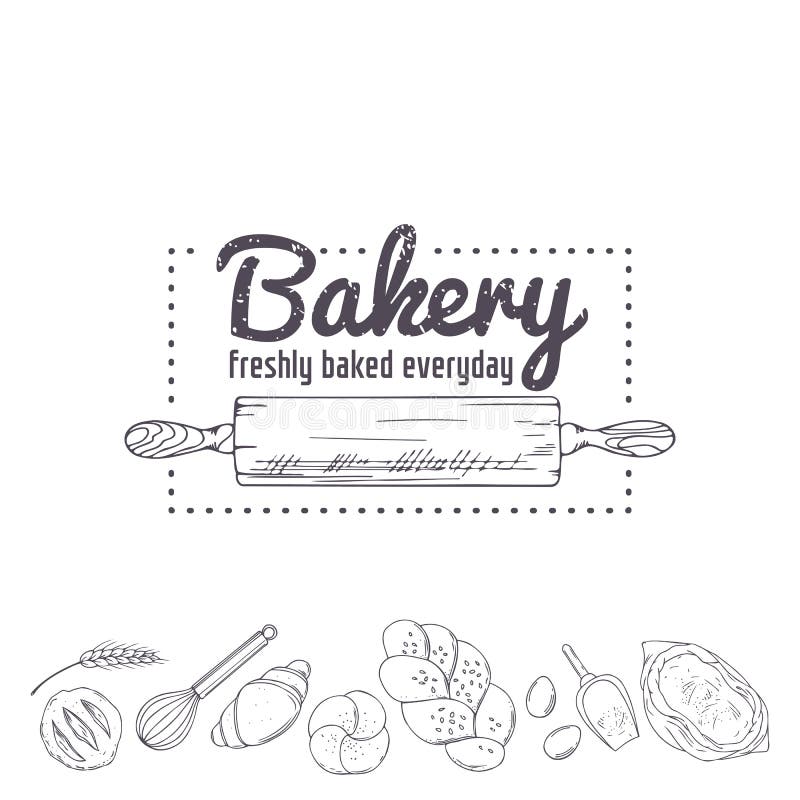Bakery logo template. Hand drawn rolling pin and baking for your design. Sketched illustration royalty free illustration