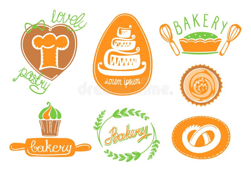 Bakery and pastry logo collection, hand drawn stock illustration