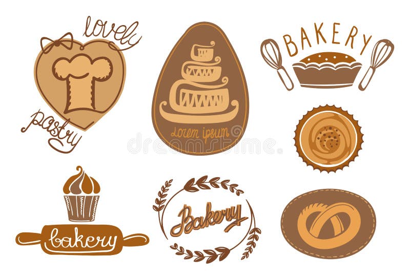 Bakery and pastry logos collection, hand drawn stock illustration