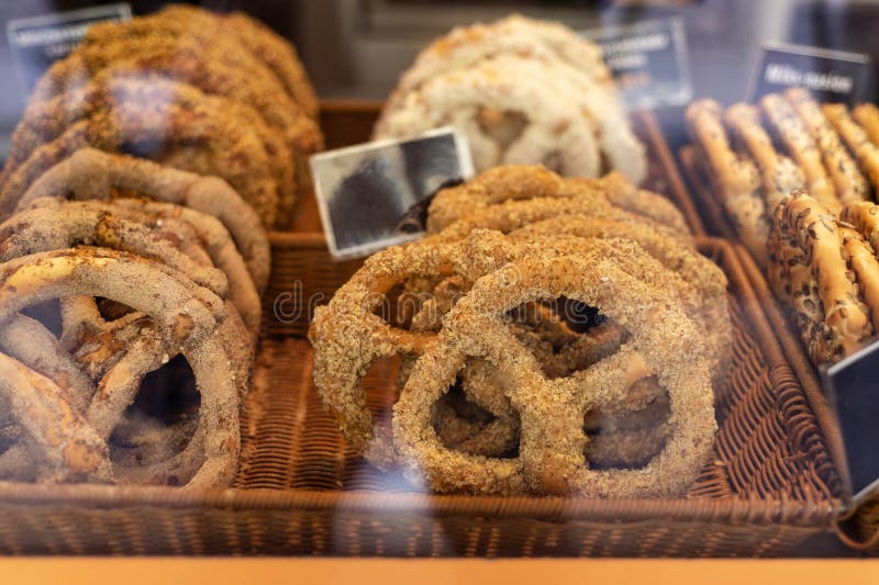 Bakery, Pretzel on the Display Counter for Sale. Famous German Bread in