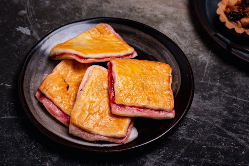 Bakery Set in Vintage Tray, Bread, Jam, Roll, Fruit Tart. Dark Tone