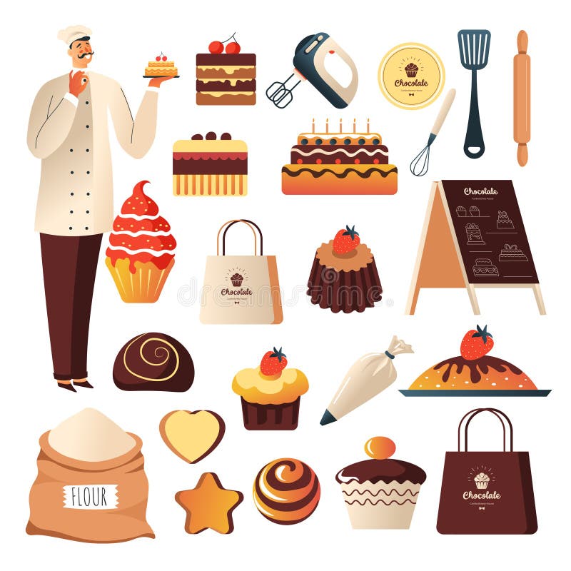 Baker and baking tools, confectionery or bakery shop, pastry food vector. Cake and pie, cupcake and muffin, cookie and sweet, menu street banner. Whisk and rolling pin, spatula and flour sack. Baker and baking tools, confectionery or bakery shop, pastry food vector. Cake and pie, cupcake and muffin, cookie and sweet, menu street banner. Whisk and rolling pin, spatula and flour sack