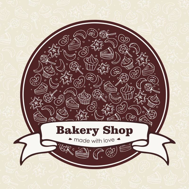 Bakery Shop emblem with hand drawn sweets and bake stock illustration
