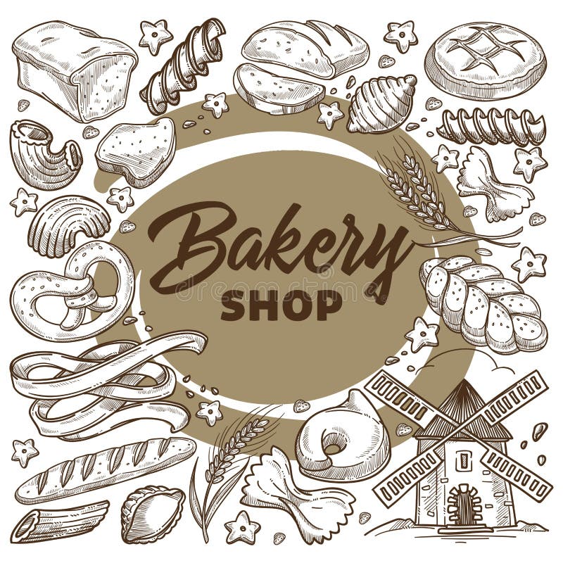 Bakery Shop Products, Bread and Buns Assortment Stock Vector ...