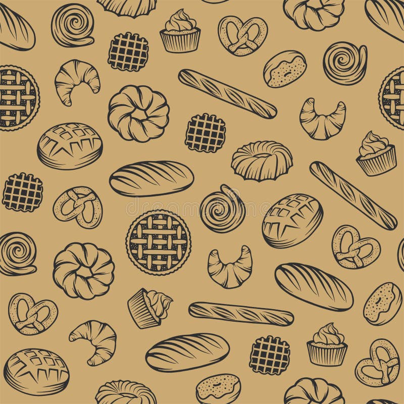Bakery vector seamless pattern with engraved elements. Background design with bread, pastry, pie, buns, sweets, cupcake. stock illustration Bakery vector seamless pattern with engraved elements. Background design with bread, pastry, pie, buns, sweets, cupcake. stock illustration