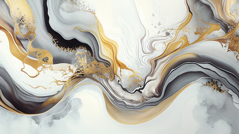 Bakgrund av flytande konst. pappersmarschering av abstrakt textur i grå och gyllene färger. AI-generativ illustration. vektor illustrationer