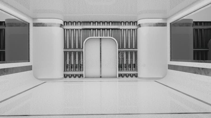Bakgrund av sci fi gate-tunneln, modern framtida rymdteknik 3d illustration rendering stock illustrationer