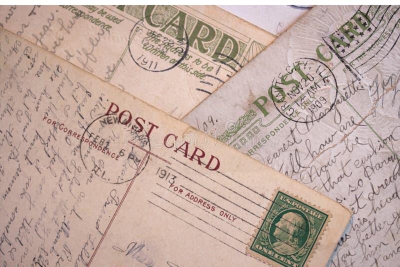 A group of early 1900 vintage post card backs with pen and ink handwriting, postmarks and stamp. A group of early 1900 vintage post card backs with pen and ink handwriting, postmarks and stamp.