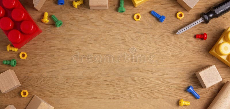 Bakgrund f?r ungeleksakram med leksakhj?lpmedel, kvarter och kuber p? tr?tabellen Top besk?dar royaltyfri fotografi Bakgrund f?r ungeleksakram med leksakhj?lpmedel, kvarter och kuber p? tr?tabellen Top besk?dar royaltyfri fotografi